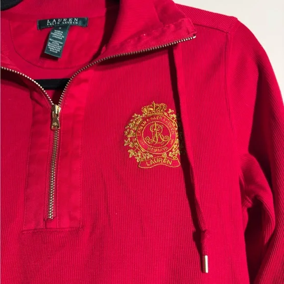 Lauren Ralph Lauren Pullover Sweater 3/4 Zip Gold Crest Logo small Red Old Money - Picture 6 of 10